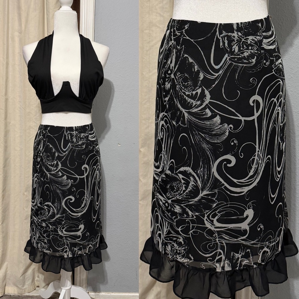 Notations Midi Skirt 2X Black White Floral Ruffle Abstract Chiffon Whimsigoth
